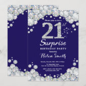 Überraschung 21. Geburtstag Navy Blue Silver Diamo Einladung (Vorne/Hinten)