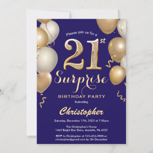 Überraschung 21. Geburtstag Navy Blue und Gold Bal Einladung