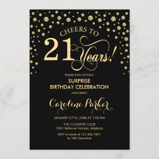 Überraschung 21. Geburtstag Party - Gold Black Einladung
