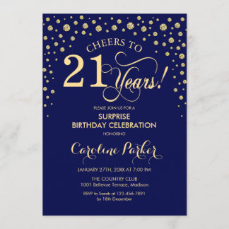 Überraschung 21. Geburtstag Party - Navy Blue Gold Einladung
