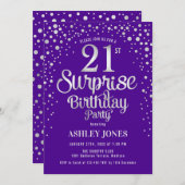 Überraschung 21. Geburtstag Party - Silber & Lila Einladung (Vorne/Hinten)