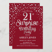 Überraschung 21. Geburtstag Party - Silver & Red Einladung (Vorne/Hinten)