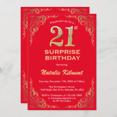 Überraschung 21. Geburtstag Rot und Gold Glitzer Einladung (Vorne/Hinten)