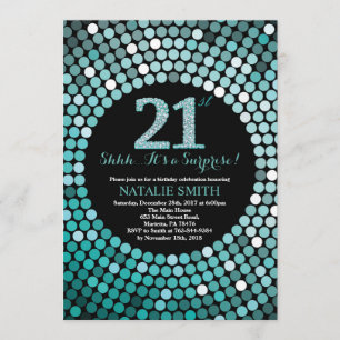 Überraschung 21. Geburtstag Schwarz und Aquamarine Einladung
