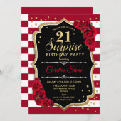 Überraschung 21. Geburtstag - Schwarz-weiß Red Einladung (Vorne/Hinten)