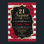 Überraschung 21. Geburtstag - Schwarz-weiß Red Einladung<br><div class="desc">Überraschung 21. Geburtstag Einladung. Weibliches Schwarz,  Weiß,  Rot-Design mit Imitaten Glitzer Gold. Enthält bordeauxfarbene und weiße Streifen,  rote Rosen,  Skript-Schriftart und Konfetti. Ideal für eine elegante Geburtstagsfeier. Kann personalisiert sein,  jedes Alter zu zeigen. Nachricht,  wenn Sie weitere Anpassungen benötigen.</div>