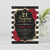 Überraschung 21. Geburtstag - Schwarz-weiß Red Einladung (Stehend Vorderseite)