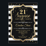 Überraschung 21. Geburtstag - Schwarz-weißes Gold Einladung<br><div class="desc">Überraschung 21. Geburtstag Einladung. Klassisches Design mit schwarz-weißen Streifen,  Script-Schriftart und Glitzer Gold. Ideal für eine elegante Geburtstagsfeier. Kann personalisiert sein,  jedes Alter zu zeigen. Nachricht,  wenn Sie weitere Anpassungen benötigen.</div>
