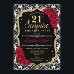 Überraschung 21. Geburtstag - Schwarze Gold Rote E Einladung<br><div class="desc">Überraschung 21. Geburtstag Einladung. Weibliches Schwarz,  rotes Design mit Imitaten Glitzer Gold. Enthält Damask-Muster,  rote Rosen,  Skript-Schriftart und Konfetti. Ideal für eine elegante Geburtstagsfeier. Kann personalisiert sein,  jedes Alter zu zeigen. Nachricht,  wenn Sie weitere Anpassungen benötigen.</div>