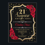 Überraschung 21. Geburtstag - Schwarze Gold Rote E Einladung<br><div class="desc">Überraschung 21. Geburtstag Einladung. Weibliches Schwarz,  rotes Design mit Imitaten Glitzer Gold. Enthält rote Rosen,  Skript-Schriftart und Konfetti. Ideal für eine elegante Geburtstagsfeier. Kann personalisiert sein,  jedes Alter zu zeigen. Nachricht,  wenn Sie weitere Anpassungen benötigen.</div>