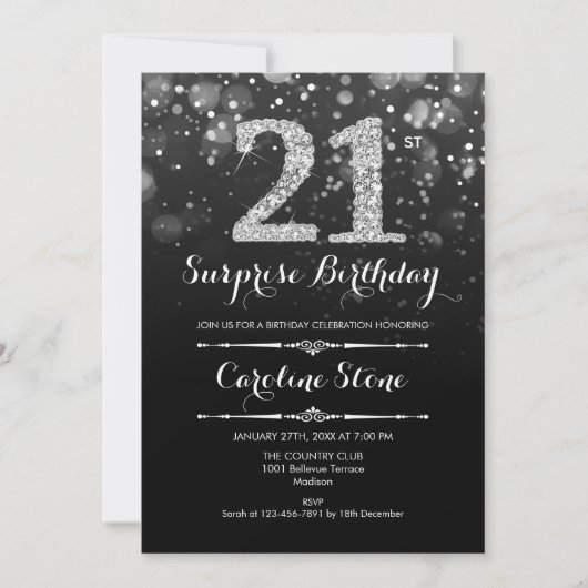 Überraschung 21. Geburtstag - Schwarzes Silber Einladung (Vorderseite)