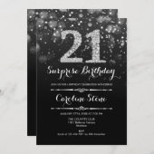 Überraschung 21. Geburtstag - Schwarzes Silber Einladung (Vorne/Hinten)