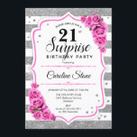 Überraschung 21. Geburtstag - Silberweißes Rosa Einladung<br><div class="desc">Überraschung 21. Geburtstag Einladung. Weiblich,  rosa Design mit Imitaten Glitzer Silber. Enthält Streifen,  Rosen in Rosa rot,  Schriftart und Konfetti. Ideal für eine elegante Geburtstagsfeier. Kann personalisiert sein,  jedes Alter zu zeigen. Nachricht,  wenn Sie weitere Anpassungen benötigen.</div>