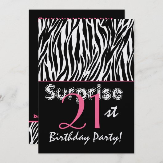 ÜBERRASCHUNG 21. Geburtstag Zebrastreifen Schwarz- Einladung (Vorne/Hinten)