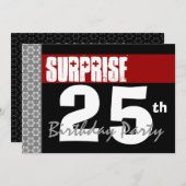Überraschung 25. Geburtstag Modernes Schwarzes und Einladung (Vorne/Hinten)