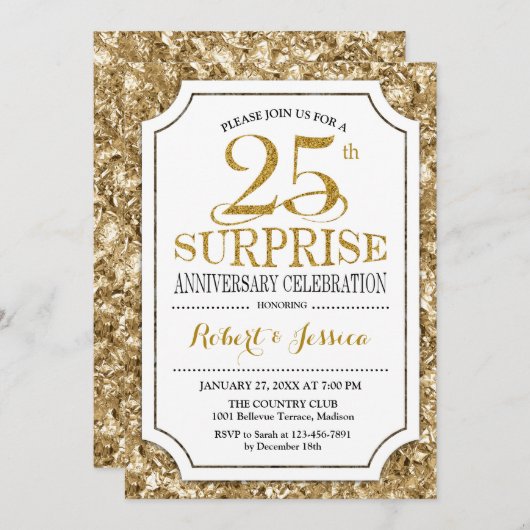 Überraschung 25. Hochzeitstag - Weißes Gold Einladung (Vorne/Hinten)