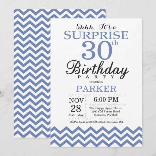 Überraschung 30. Geburtstag Blau Zickzack Einladung (Vorne/Hinten)
