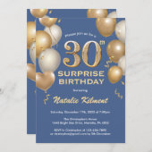 Überraschung 30. Geburtstag Blue und Gold Balloons Einladung (Vorne/Hinten)