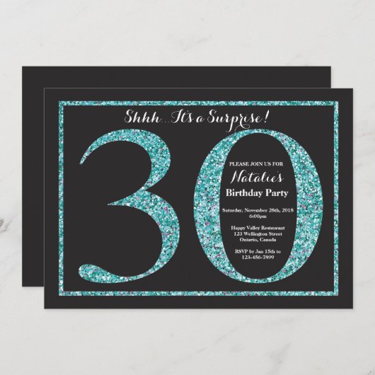 Überraschung 30. Geburtstag Einladung Aquamarinen (Vorne/Hinten)