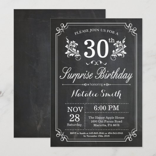 Überraschung 30. Geburtstag Einladung Chalkboard (Vorne/Hinten)