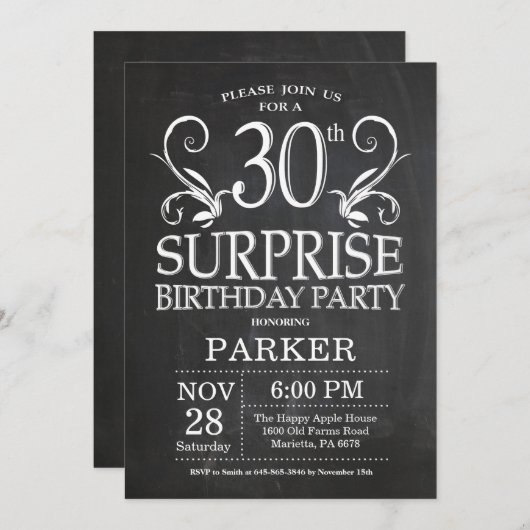 Überraschung 30. Geburtstag Einladung Chalkboard (Vorne/Hinten)