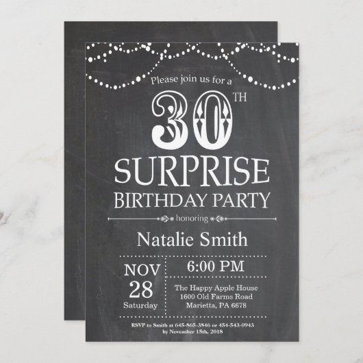 Überraschung 30. Geburtstag Einladung Chalkboard (Vorne/Hinten)
