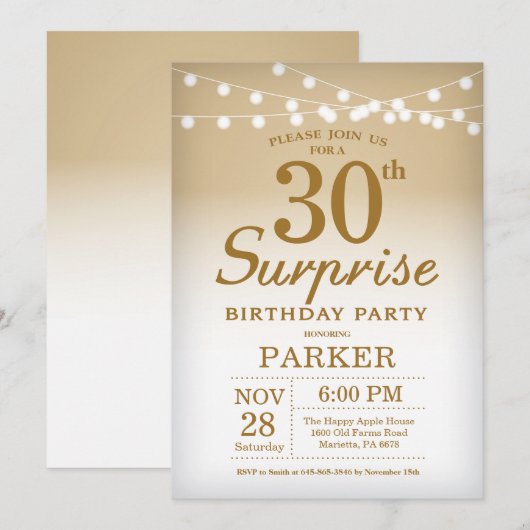 Überraschung 30. Geburtstag Einladung Gold (Vorne/Hinten)