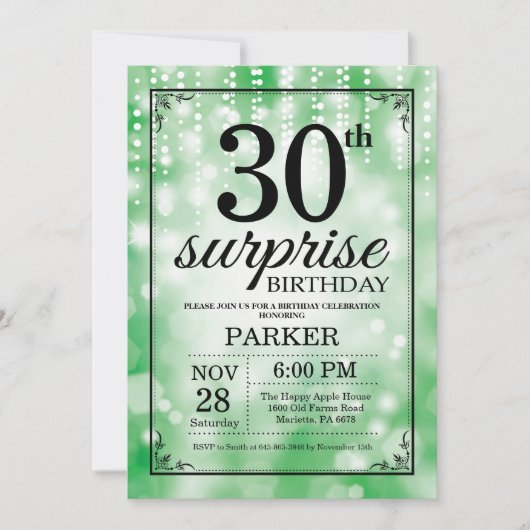 Überraschung 30. Geburtstag Einladung Grün Glitzer (Vorderseite)