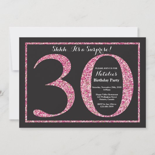 Überraschung 30. Geburtstag Einladung Pink Glitzer (Vorderseite)