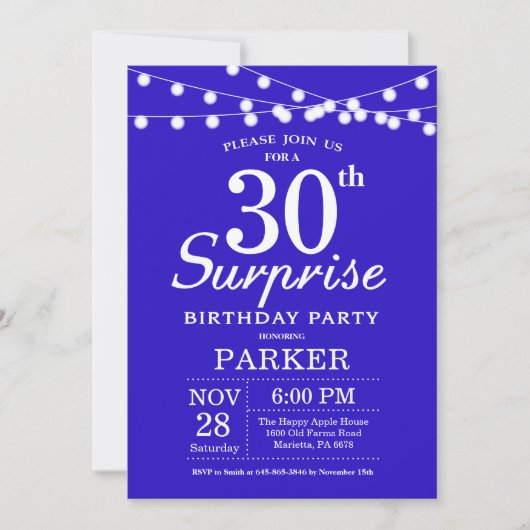 Überraschung 30. Geburtstag Einladung Royal Blue (Vorderseite)