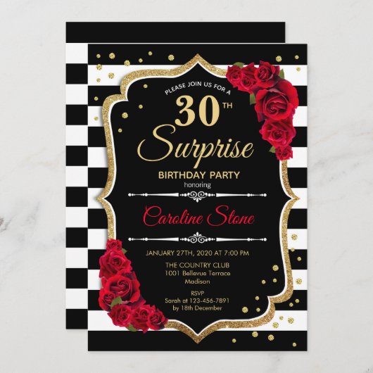 Überraschung 30. Geburtstag Einladung Schwarz-weiß (Vorne/Hinten)