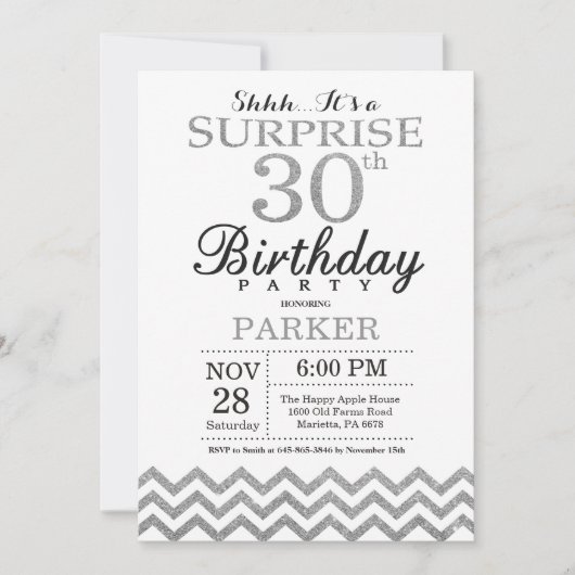 Überraschung 30. Geburtstag Einladung Silberner Gl (Vorderseite)