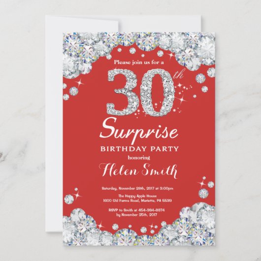 Überraschung 30. Geburtstag Einladung Silver Diamo (Vorderseite)