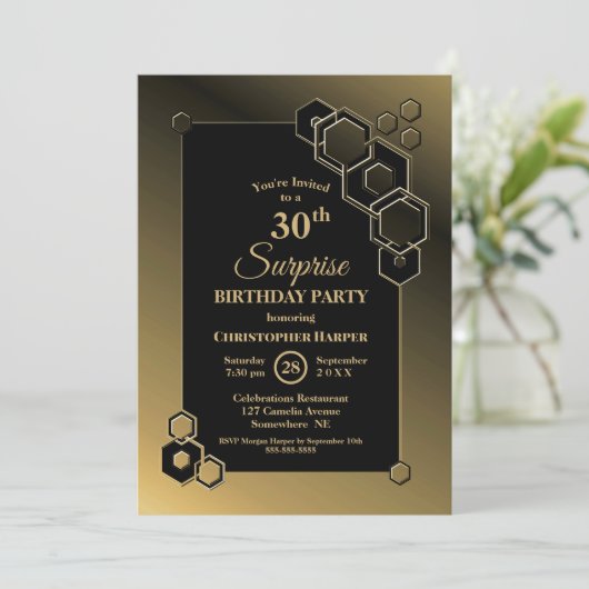 Überraschung 30. Geburtstag Geometrisches Schwarze Einladung (Stehend Vorderseite)
