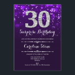 Überraschung 30. Geburtstag - Lila Silber Einladung<br><div class="desc">Überraschung 30. Geburtstag Einladung. Elegantes lila Design mit Imitaten Glitzer Silber. Erwachsener Geburtstag. Enthält Diamanten,  Bokeh-Leuchten und Skript-Schriftart. Männer oder Frauen laden ein. Ideal für eine stilvolle Geburtstagsfeier. Nachricht,  wenn Sie weitere Anpassungen benötigen.</div>