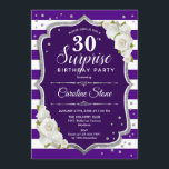 Überraschung 30. Geburtstag - Lila Silberweiß Einladung<br><div class="desc">Überraschung 30. Geburtstag Einladung. Weiblich lila,  weißes Design mit Imitaten Glitzer Silber. Features Streifen,  weiße Rosen,  Skript-Schriftart und Konfetti. Ideal für eine elegante Geburtstagsfeier. Kann personalisiert sein,  jedes Alter zu zeigen. Nachricht,  wenn Sie weitere Anpassungen benötigen.</div>