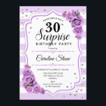 Überraschung 30. Geburtstag - Lila Weiß Einladung<br><div class="desc">Überraschung 30. Geburtstag Einladung. Weiblich weiß,  lavendelfarbenes Design. Features Streifen,  pastellfarbene lila Rose,  Skript-Schriftart und Konfetti. Ideal für eine elegante Geburtstagsfeier. Kann personalisiert sein,  jedes Alter zu zeigen. Nachricht,  wenn Sie weitere Anpassungen benötigen.</div>