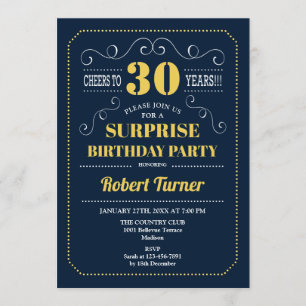 Überraschung 30. Geburtstag - Navy Blue Gold Einladung