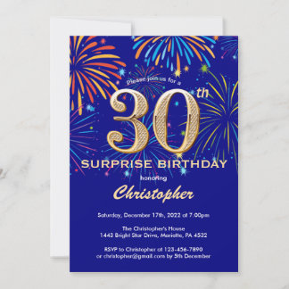 Überraschung 30. Geburtstag Navy Blue & Gold Feuer Einladung