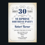 Überraschung 30. Geburtstag - Navy Blue White Blac Einladung<br><div class="desc">Überraschung 30. Geburtstag Einladung Retro Design in marineblau weiß mit einem Vintagen cremigen Hintergrund. Feiert bis 30 Jahre! Kann auch in jedes Jahr personalisiert werden.</div>