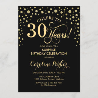 Überraschung 30. Geburtstag Party - Gold Black Einladung