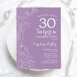 Überraschung 30. Geburtstag Party - Lila Blüte Einladung<br><div class="desc">Lila Blumenüberraschung 30. Geburtstag Party Einladung. Minimalistisches modernes Design mit botanischen Akzenten und Typografie-Script-Schriftart. Einfache feminine Einladungskarte,  perfekt für eine stilvolle weibliche Überraschung am Tag. Kann für jedes Alter angepasst werden.</div>