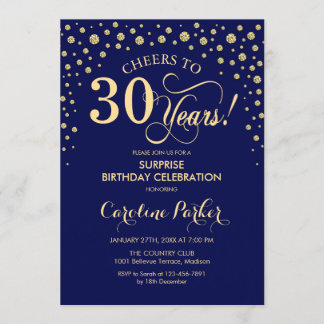 Überraschung 30. Geburtstag Party - Navy Blue Gold Einladung