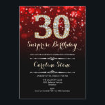 Überraschung 30. Geburtstag - Red Gold Einladung<br><div class="desc">Überraschung 30. Geburtstag Einladung. Elegantes Schwarz-Design mit Imitaten Glitzer Gold. Erwachsener Geburtstag. Enthält Diamanten,  Bokeh-Leuchten und Skript-Schriftart. Männer oder Frauen laden ein. Ideal für eine stilvolle Geburtstagsfeier. Nachricht,  wenn Sie weitere Anpassungen benötigen.</div>
