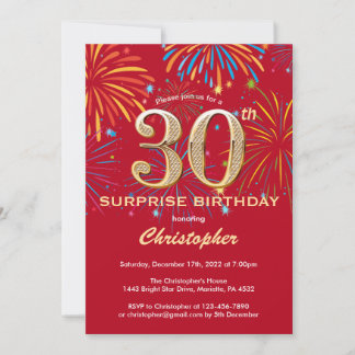 Überraschung 30. Geburtstag Red & Gold Rainbow Fir Einladung