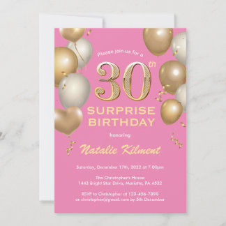Überraschung 30. Geburtstag Rosa und Gold Ballons Einladung