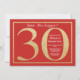 Überraschung 30. Geburtstag Rot und Gold Glitter Einladung
