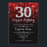 Überraschung 30. Geburtstag - Rotes Silber Einladung<br><div class="desc">Überraschung 30. Geburtstag Einladung. Elegantes Schwarz-Design mit Imitaten Glitzer Silber. Erwachsener Geburtstag. Enthält Diamanten,  Bokeh-Leuchten und Skript-Schriftart. Männer oder Frauen laden ein. Ideal für eine stilvolle Geburtstagsfeier. Nachricht,  wenn Sie weitere Anpassungen benötigen.</div>
