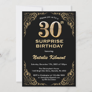 Überraschung 30. Geburtstag Schwarz und Gold Glitz Einladung