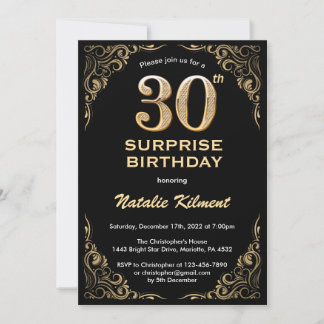 Überraschung 30. Geburtstag Schwarz und Gold Glitz Einladung